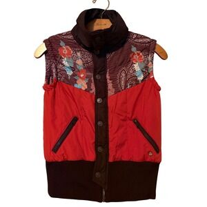 Rip Curl Womens Medium Orange Brown Floral Paisley Puffer Vest Zip Snap‎ Front